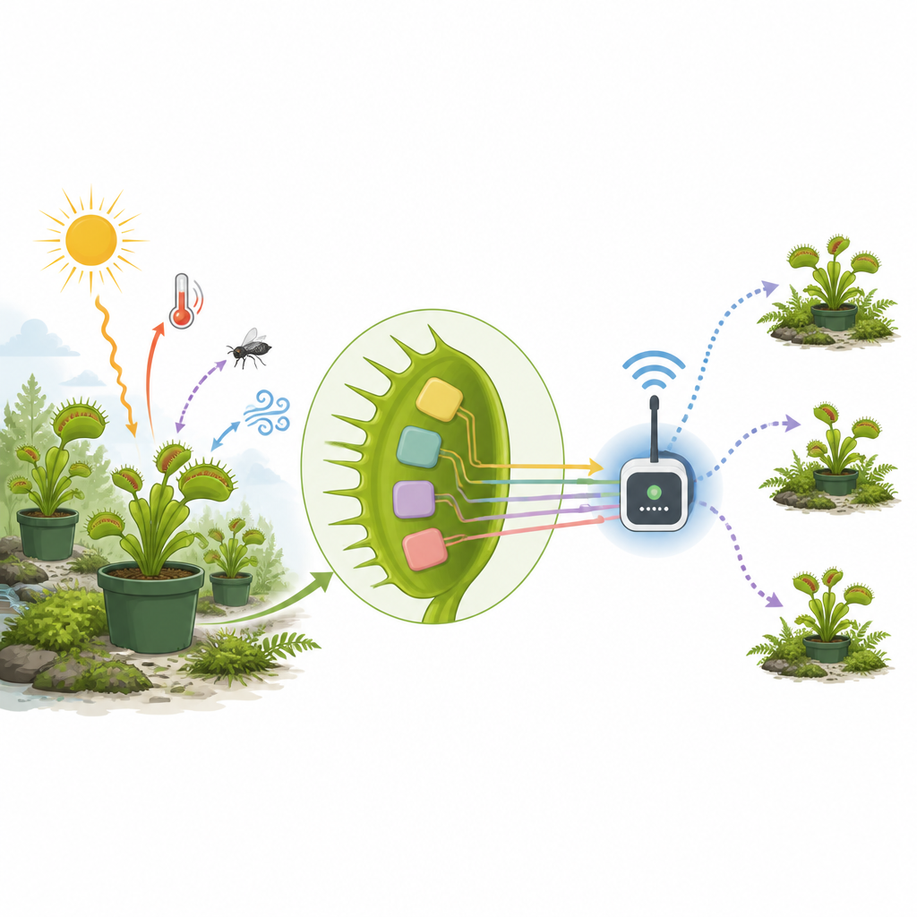 Figure 1. Piante dotate di tamponi morbidi in gel inviano le loro reazioni elettriche a un piccolo dispositivo per creare una rete di sensori basata sulla natura.