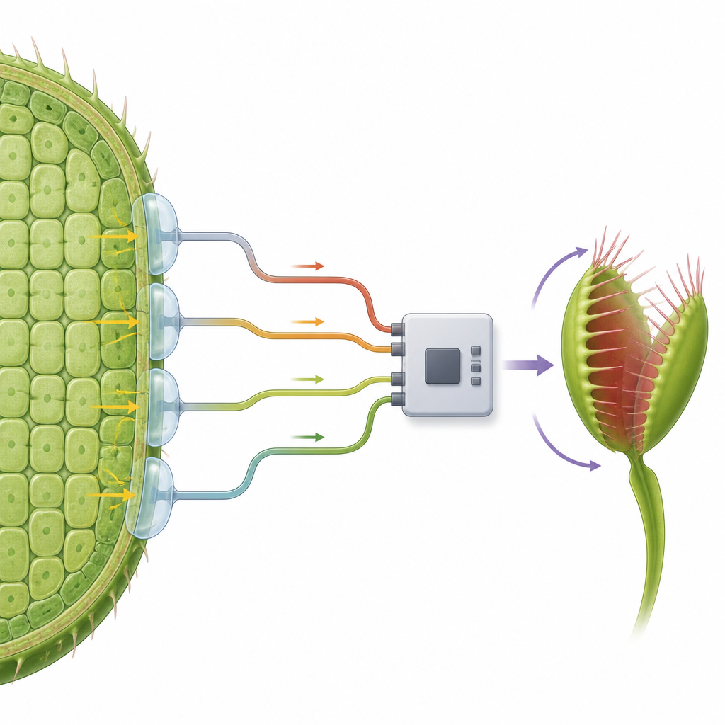 Figure 2. I tamponi in gel captano impulsi elettrici all’interno di una dionaea e li trasmettono a un’elettronica che fa scattare la chiusura di un’altra pianta.
