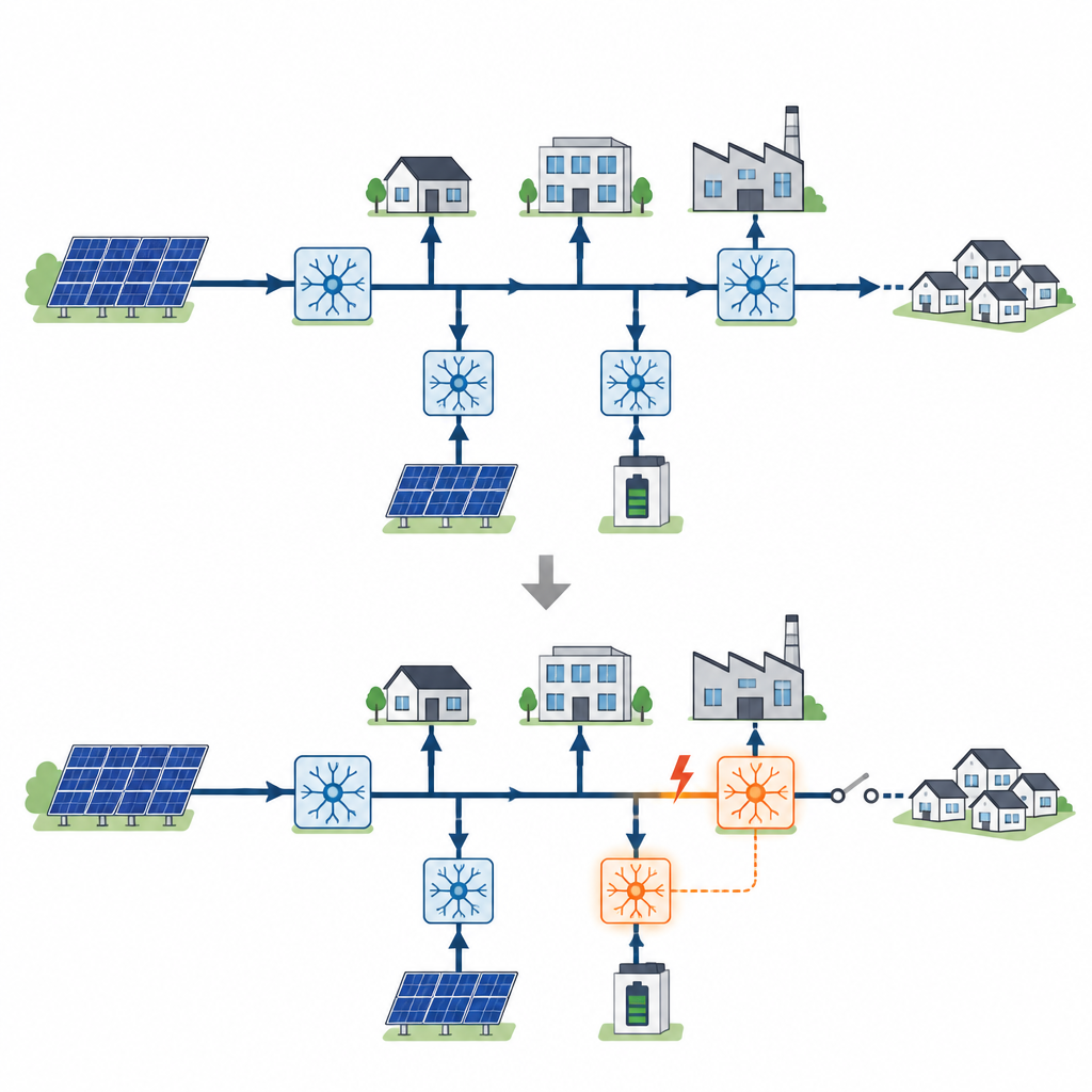 Figure 1. Cómo unidades energéticas inspiradas en el cerebro permiten a una microrred detectar problemas y aislar una línea defectuosa al instante sin enlaces de comunicación.