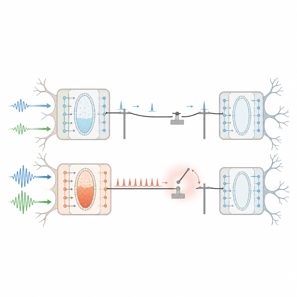 Figure 2. Cómo una perturbación local se convierte en pulsos más rápidos de tipo neuronal dentro de un inversor que abren rápidamente un interruptor cercano para detener un fallo.