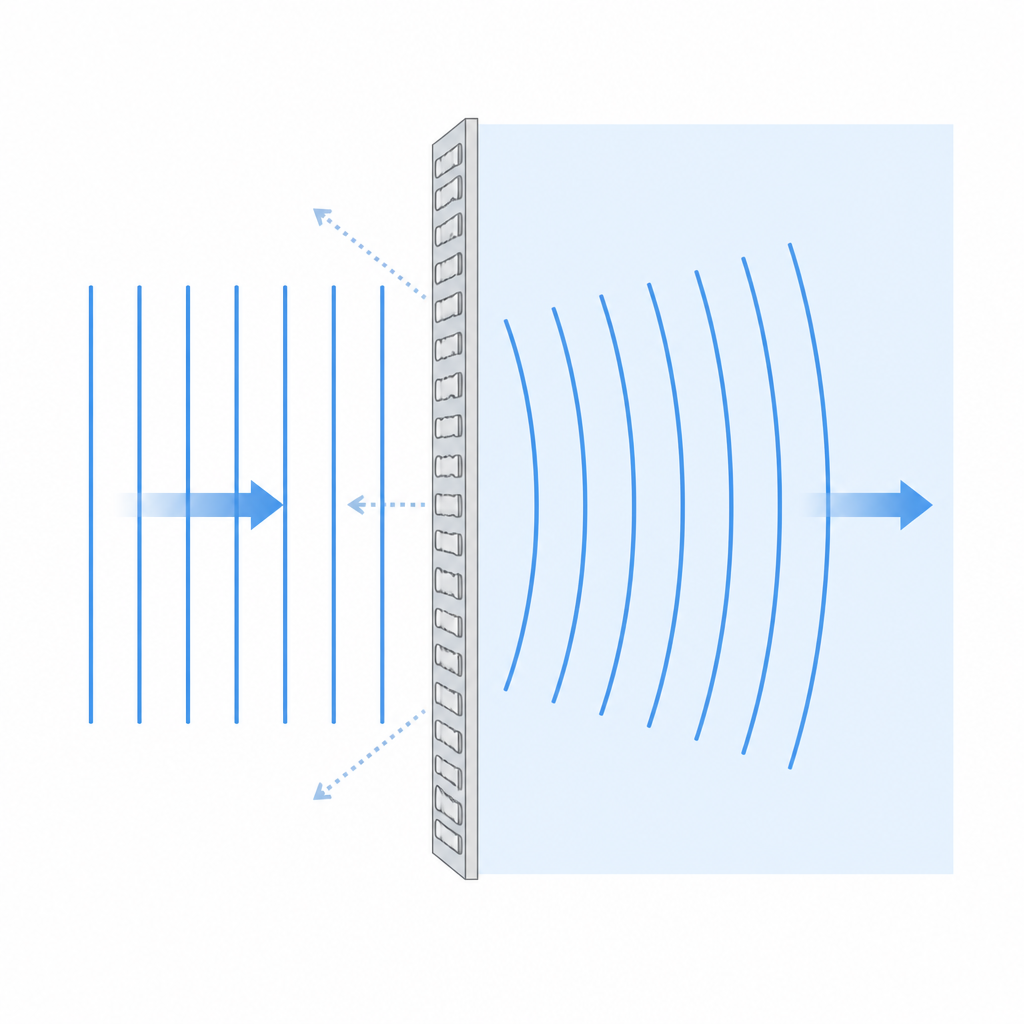 Figure 1. Onde che passano dall’aria a un materiale più denso vengono leggermente deviate e trasmesse da una sottile superficie microstrutturata con riflessioni minime.
