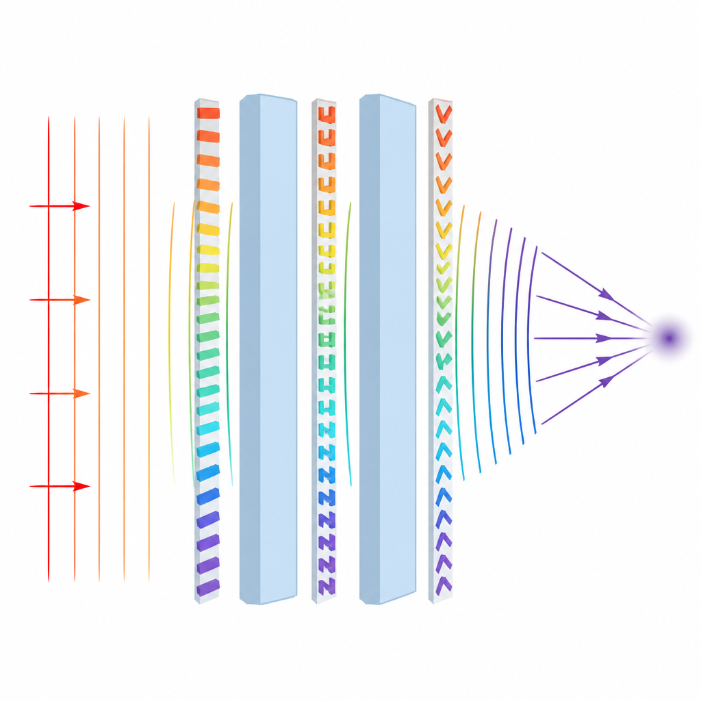 Figure 2. Pattern stratificati e distanziatori all’interno di una metasuperficie rimodellano gradualmente un’onda in transito per deviarla e concentrare strettamente l’energia oltre un confine.