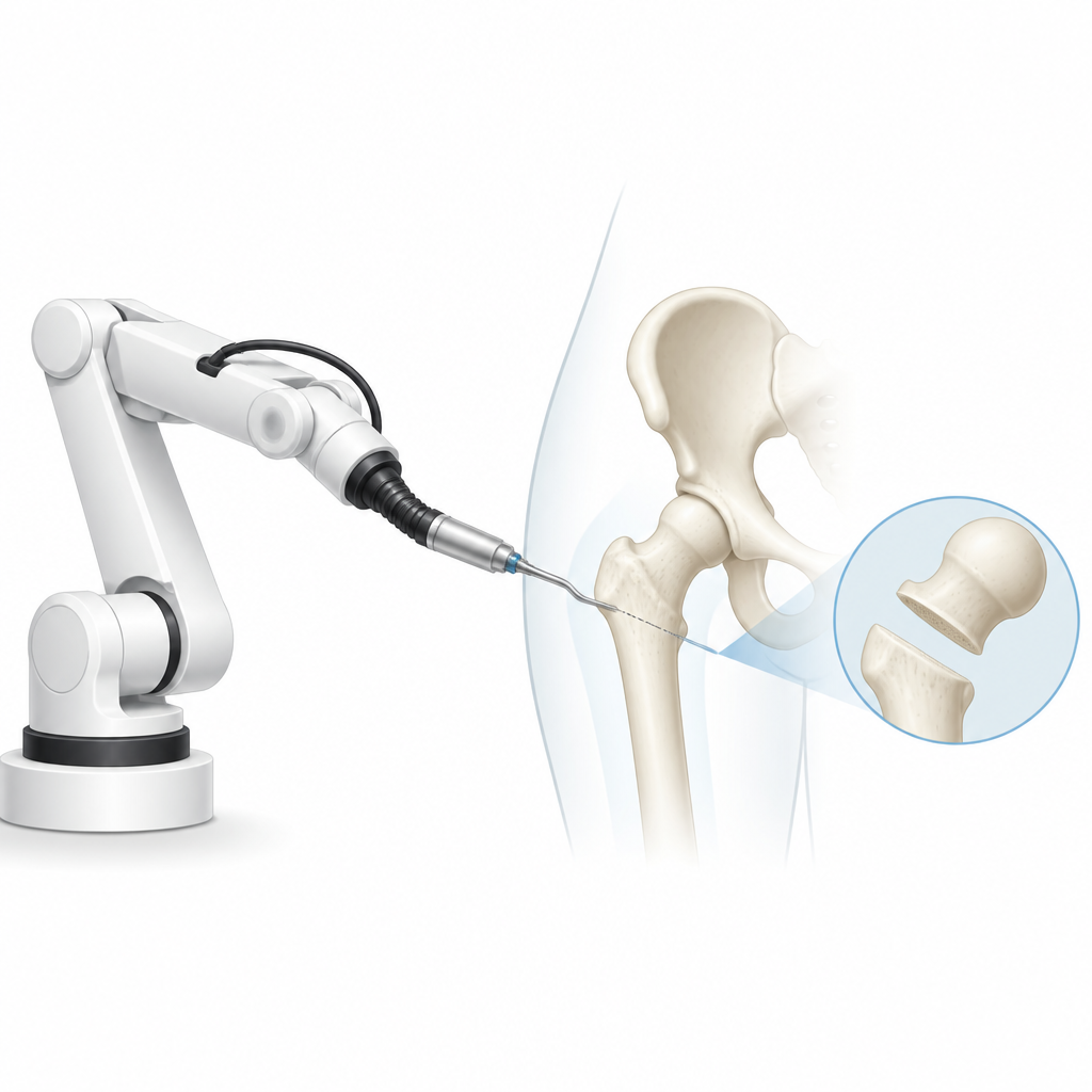 Figure 1. Mini seghetta ultrasonica per ossa montata su un robot chirurgico che esegue un taglio preciso e delicato all'interno del corpo.