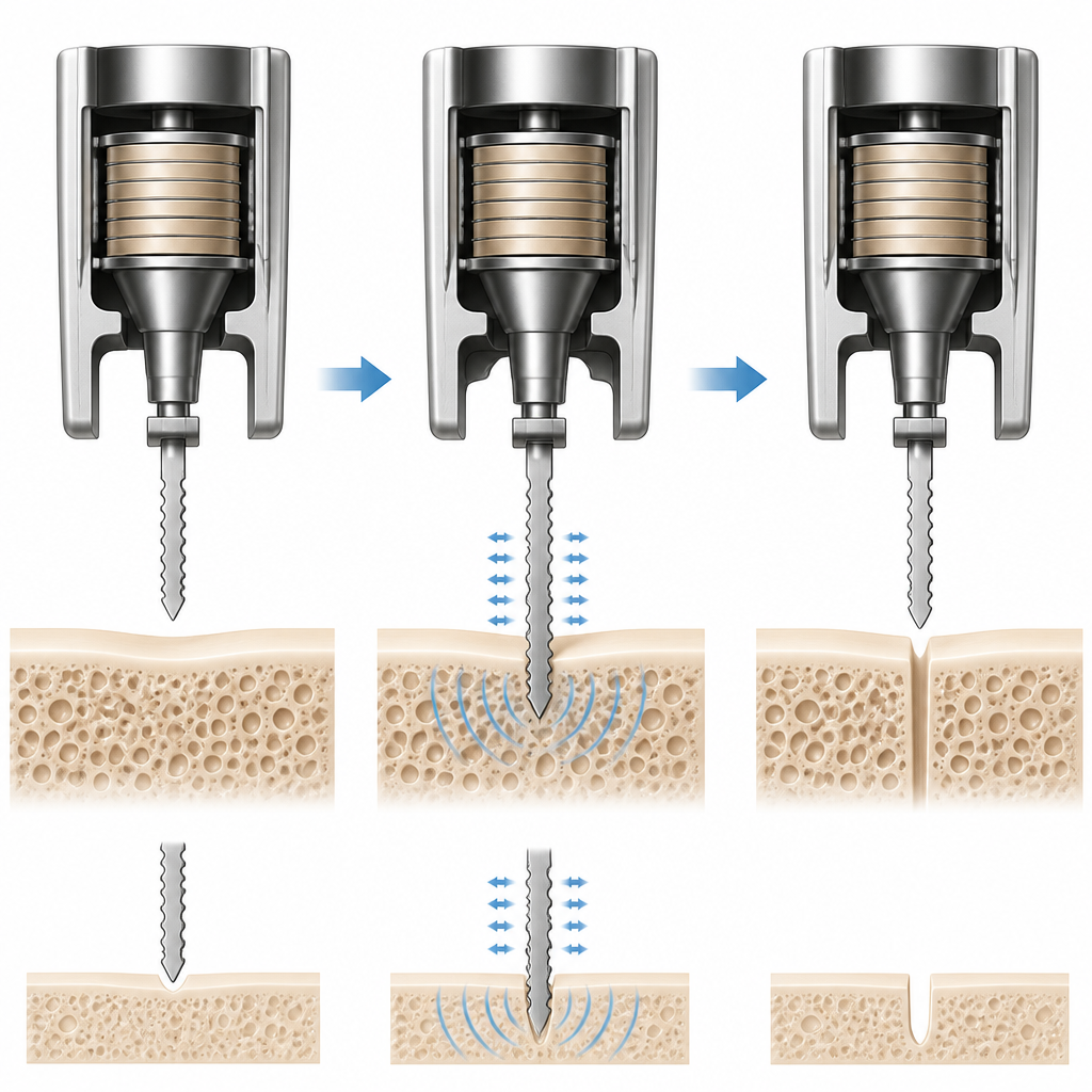 Figure 2. Sequenza ravvicinata di una mini lama vibrante che taglia l'osso creando una scanalatura stretta e pulita con forza molto bassa.