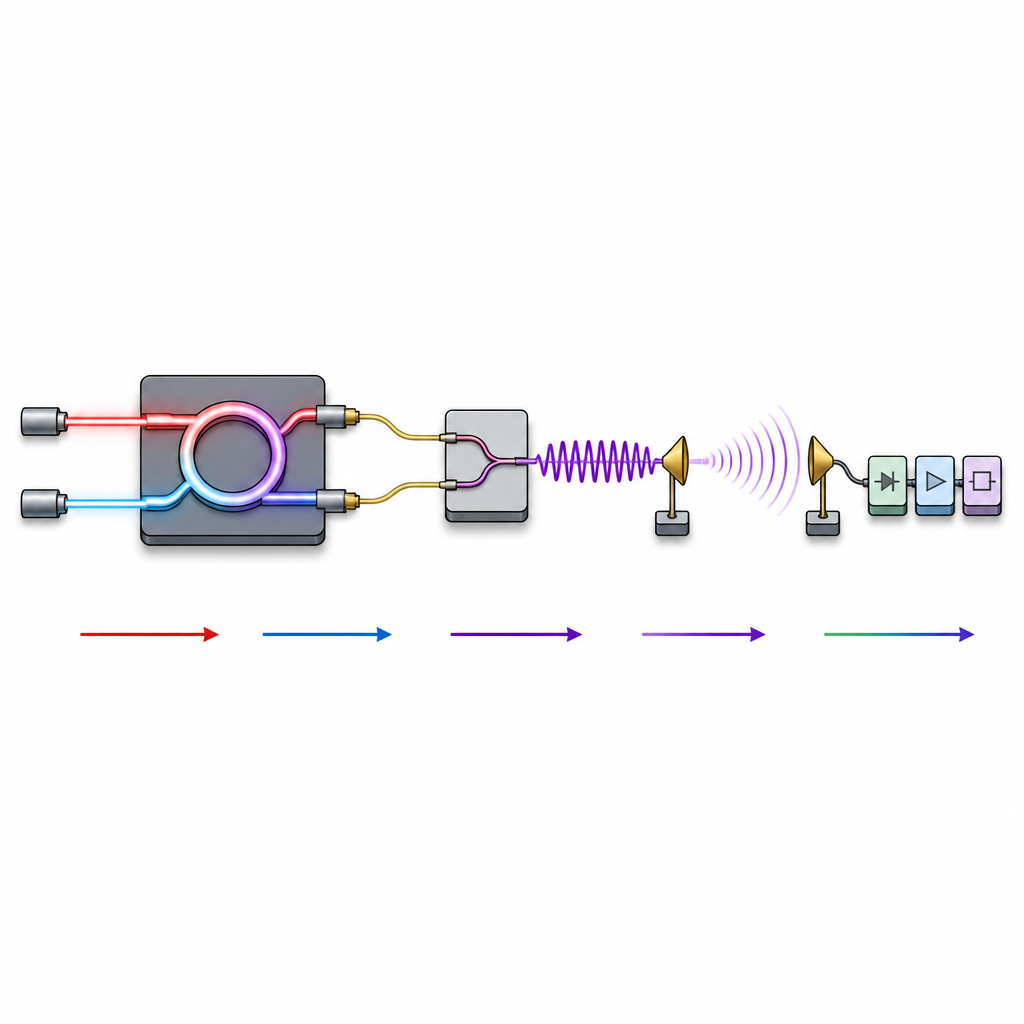 Figure 2. Two laser colors mix in a microchip to create a terahertz beam that carries detailed data between nearby antennas.
