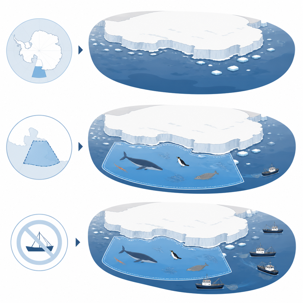 Figure 1. Cómo un enorme santuario oceánico antártico empuja la mayor parte de la actividad pesquera comercial hacia las aguas circundantes.
