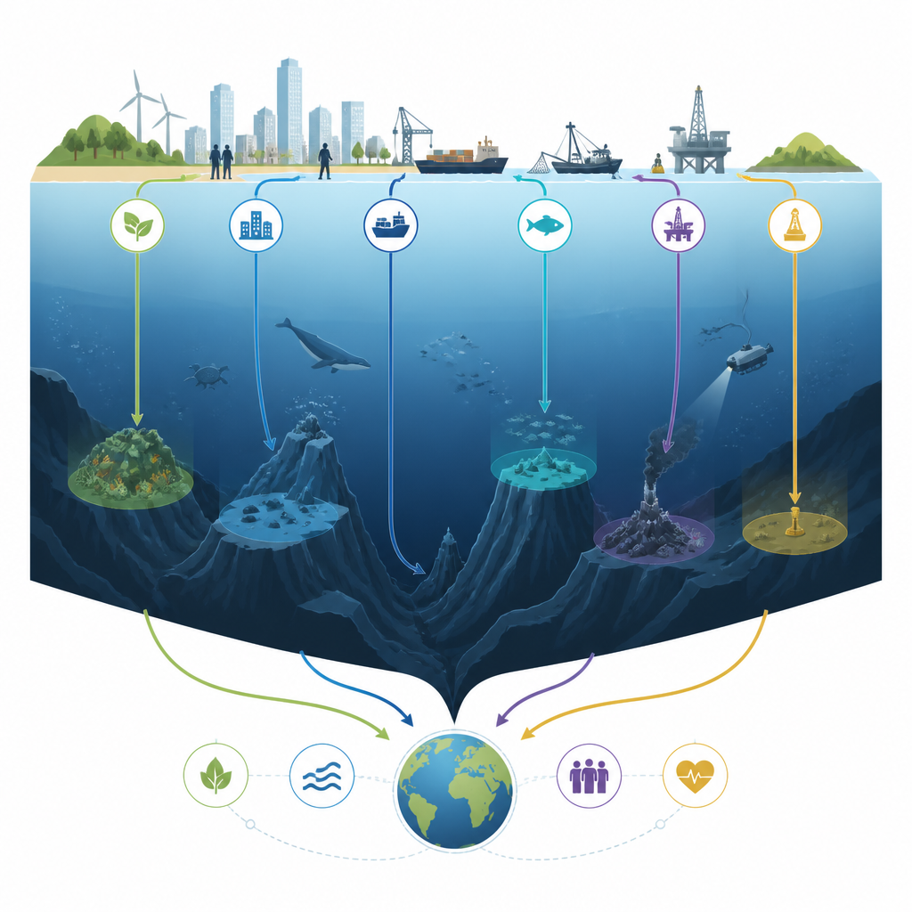 Figure 1. Hoe de verborgen diepe oceaan verbonden is met het menselijke leven, klimaat, cultuur en beslissingen aan de oppervlakte.