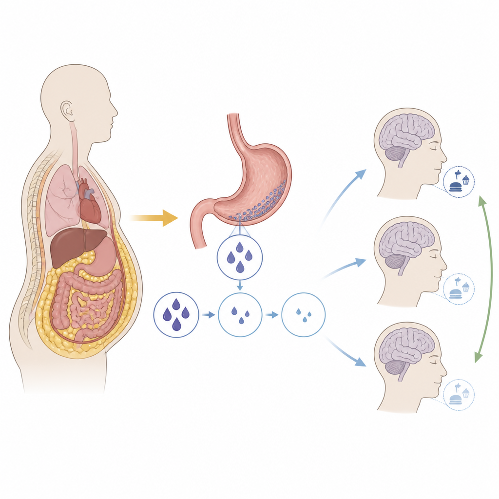 Figure 2. Come l'aumento del tessuto adiposo riduce un ormone gastrico senza modificare in modo chiaro l'umore complessivo ma influenzando i segnali di appetito