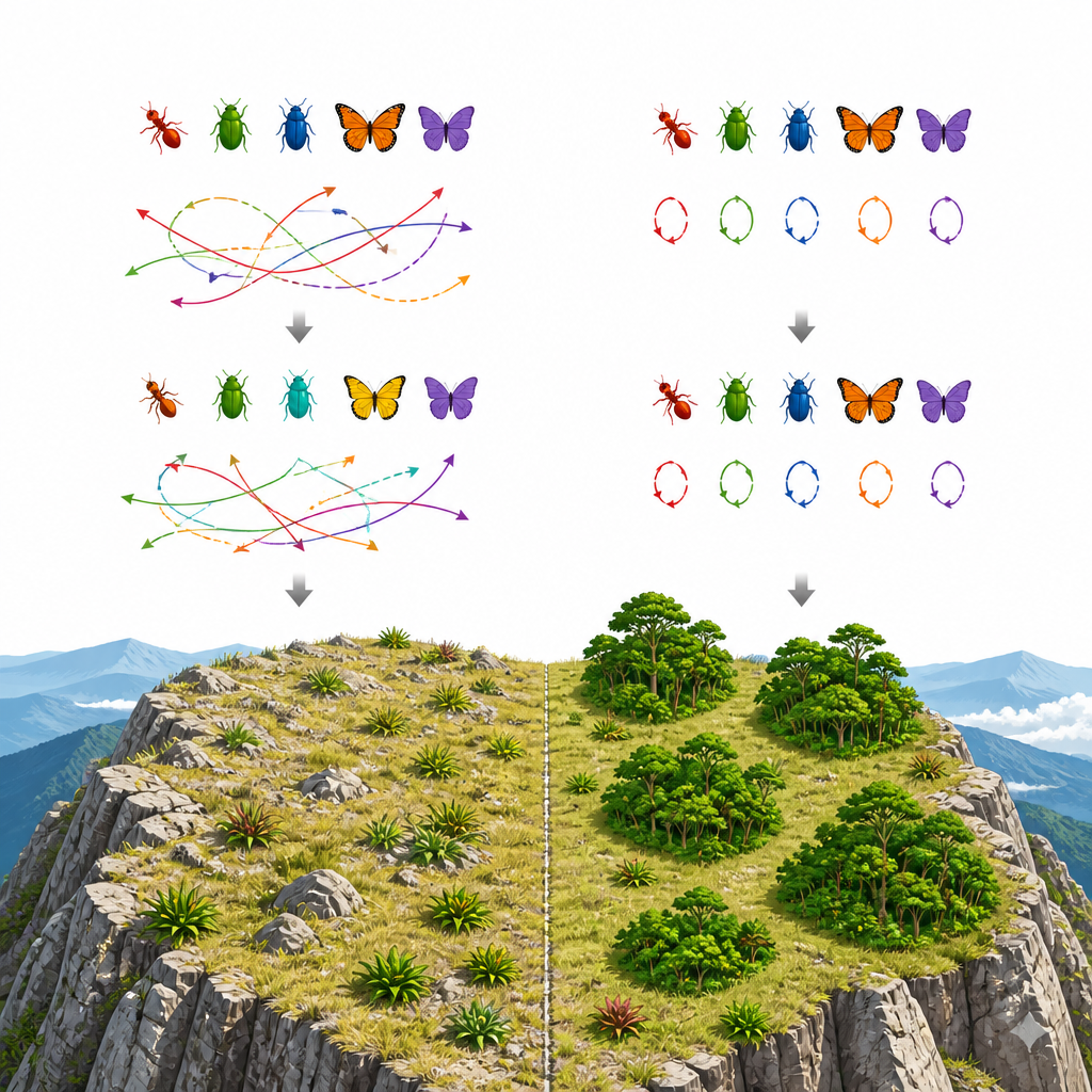 Figure 1. How forest islands and rocky grasslands differ in keeping mountaintop insect communities stable over time