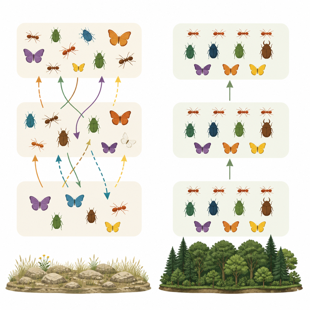 Figure 2. Step by step view of insect species gains and losses in open grassland versus forest islands across several years