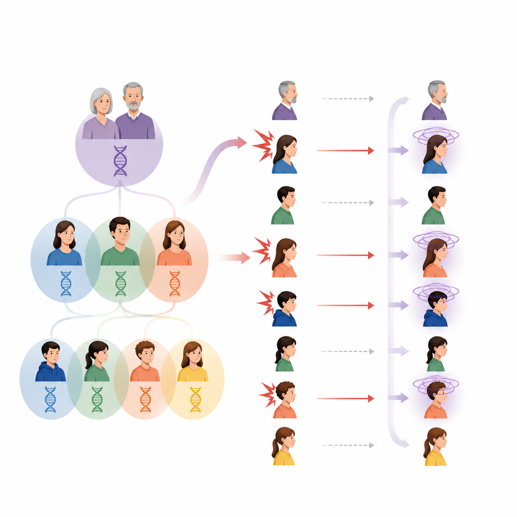 Figure 2. كيف تشكل الصفات العائلية والتعرّض الشخصي للاعتداء معاً من يتطور لديه اضطراب الوسواس القهري.