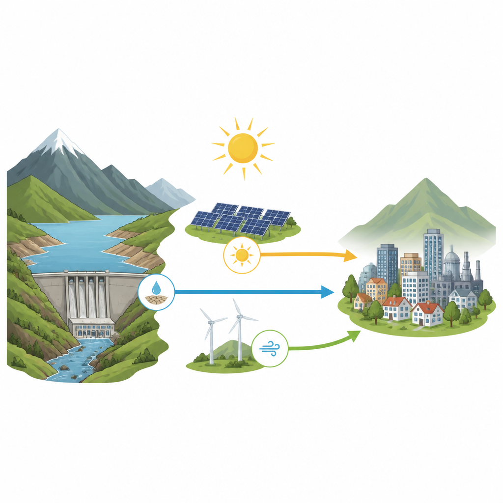 Figure 1. Come dighe, sole e vento insieme mantengono l'elettricità in funzione in Ecuador durante gli anni aridi