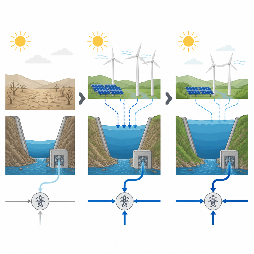 Figure 2. Come solare ed eolico aiutano a ricompensare i bacini e potenziare l'idroelettrico durante una stagione di siccità severa