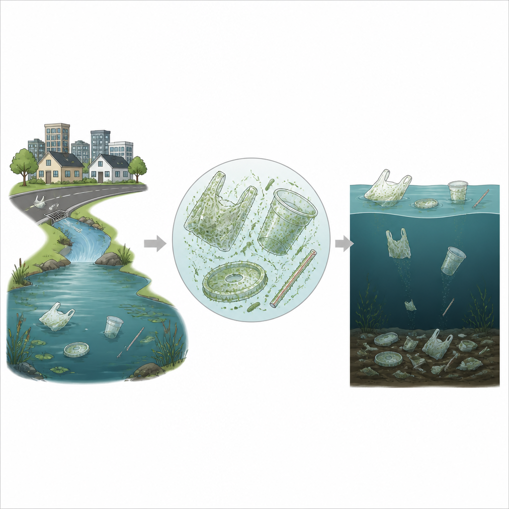 Figure 1. Göletlerdeki gündelik plastiklerin üzerindeki sümüksü büyümenin bunun yüzeyde kalıp kalmayacağını, batacağını veya yakınlarda duracağını nasıl belirlediği.