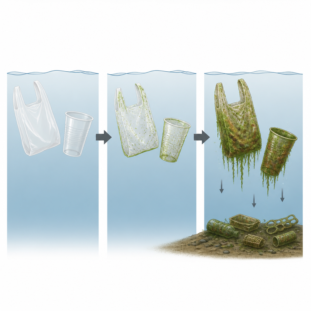 Figure 2. Bir plastik poşet ve bardaktaki yeşil biyofilmin adım adım birikimi ve bunları batacak kadar ağır hale getirmesi.