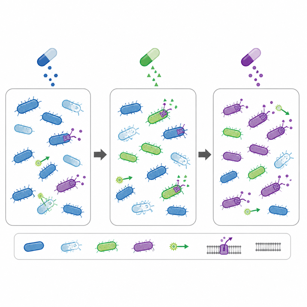 Figure 2. Schritt-für-Schritt-Einblick, wie Bakterien sich an verschiedene Antibiotika anpassen und dabei neue Verwundbarkeiten offenbaren