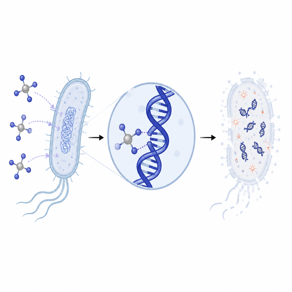Figure 2. El antibiótico de platino penetra en las bacterias, se fija a su ADN, desencadena química oxidativa dañina y evita que se multipliquen.