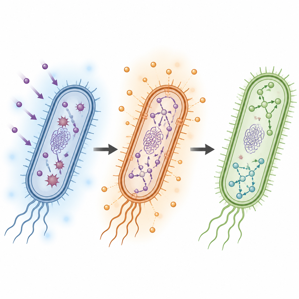 Figure 2. Inside a single bacterium, salt and warmth rewire metabolism and stress defenses to blunt antibiotic damage.