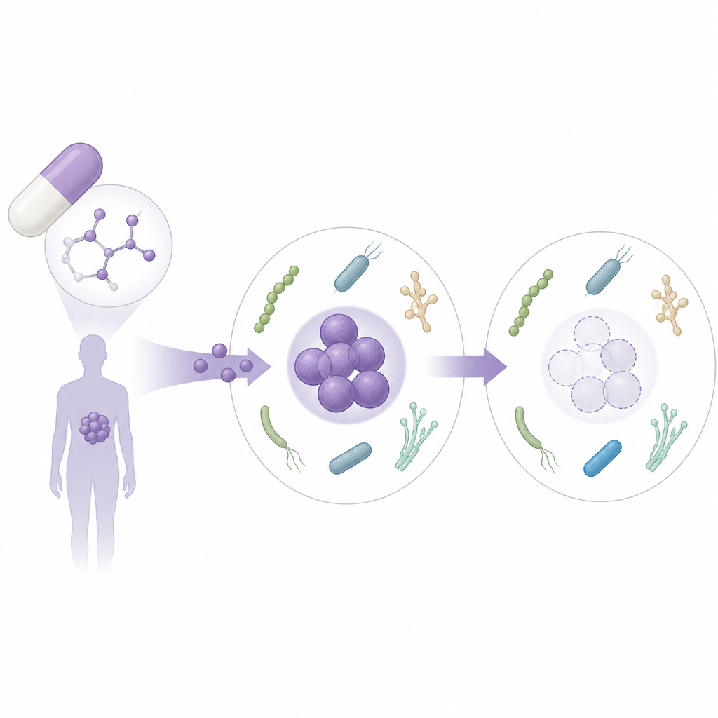 Figure 1. Un farmaco antitumorale esistente reindirizzato per attaccare selettivamente batteri Gram positivi dannosi risparmiando altri microrganismi.
