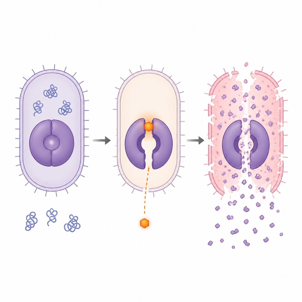 Figure 2. Una piccola molecola mette in modalità sovra‑attiva un trituratore proteico batterico, degradando proteine e distruggendo cellule Gram positive.