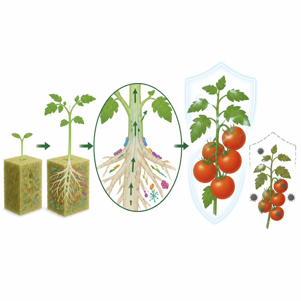 Figure 2. Mikroben an den Wurzeln lösen ganze-Pflanzen-Abwehrreaktionen aus, die später Blätter und Früchte der Tomate vor Krankheiten schützen.