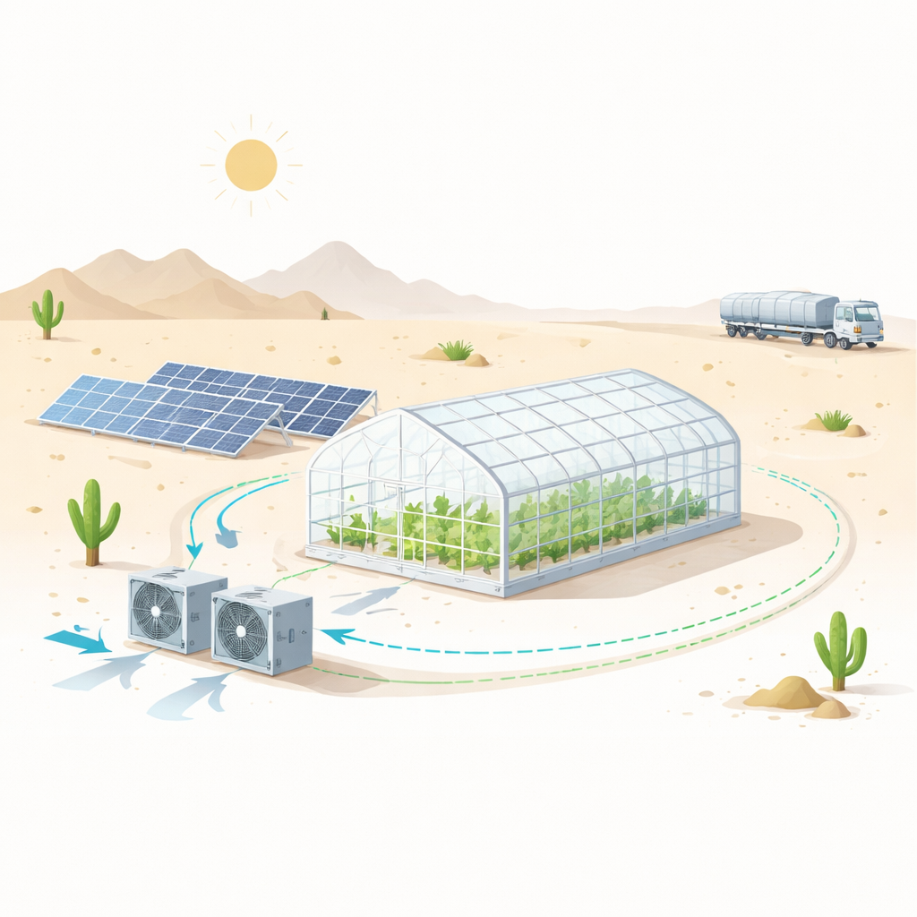 Figure 1. Zonne-energie aangedreven woestijngroentetuin met ter plaatse opgestelde luchtvangstunits in plaats van CO2-leveringen per vrachtwagen