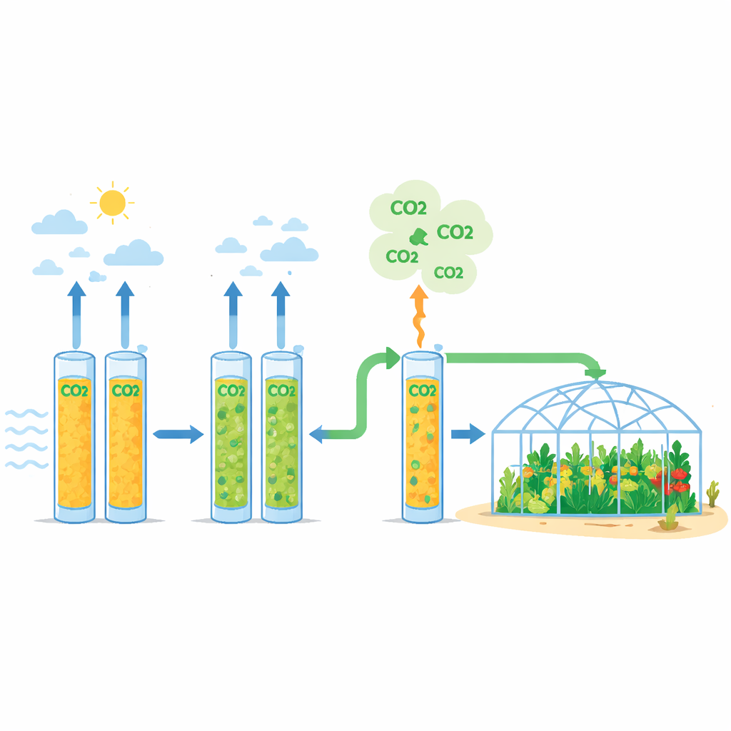 Figure 2. Stapgewijze opname en vrijgave van CO2 in sorptiekolommen die verrijkte lucht aan kasgewassen leveren