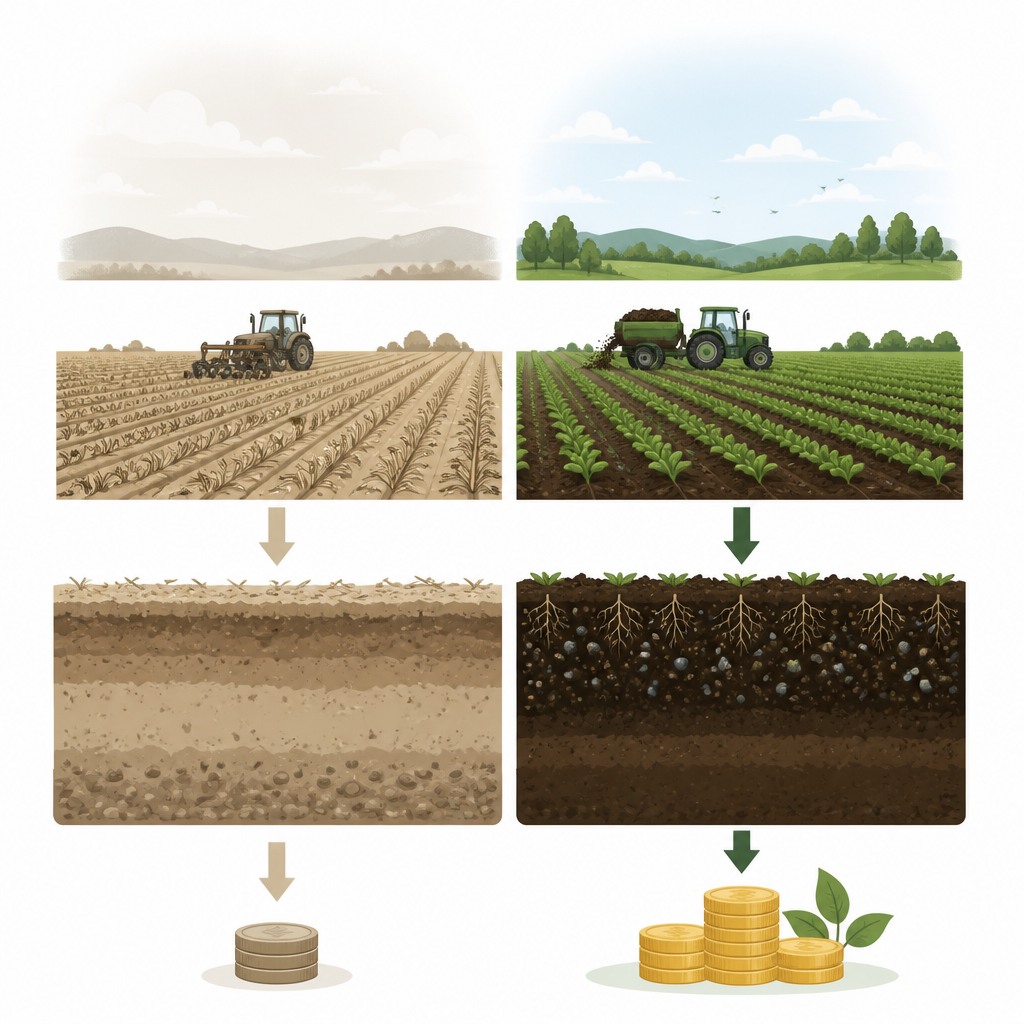 Figure 1. Comparar suelos agrícolas agotados y ricos en carbono para mostrar cómo el almacenamiento de carbono en el suelo beneficia a los agricultores y al clima.