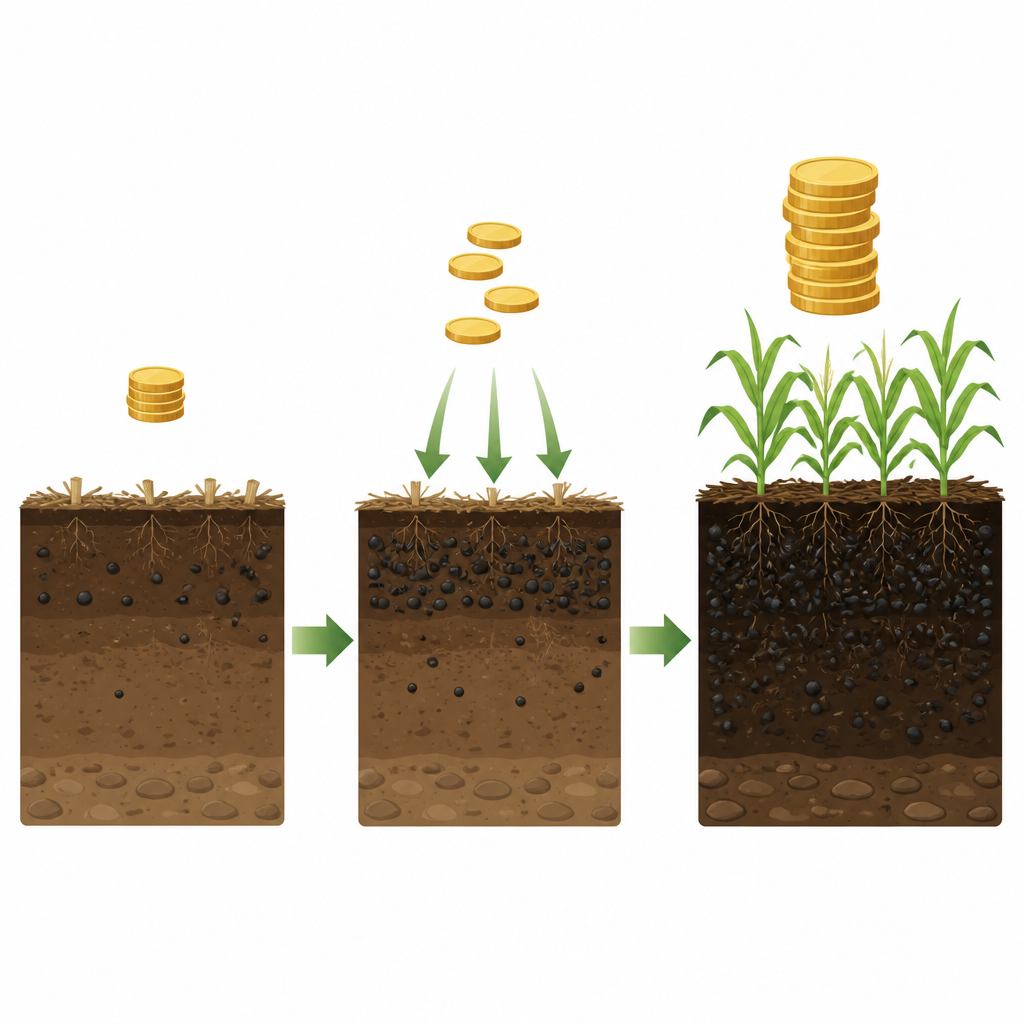 Figure 2. Visión paso a paso de cómo los pagos continuos por el carbono almacenado en el suelo conducen a suelos más oscuros, ricos en carbono, y a mayores ingresos para los agricultores.
