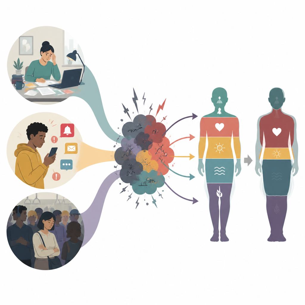 Figure 1. Come lo stress quotidiano plasma brevi spostamenti nella personalità e nel comportamento attraverso situazioni comuni.