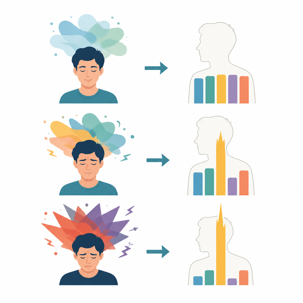 Figure 2. Collegamento passo dopo passo tra l'aumento dei livelli di stress e i cambiamenti a breve termine nelle diverse dimensioni della personalità.