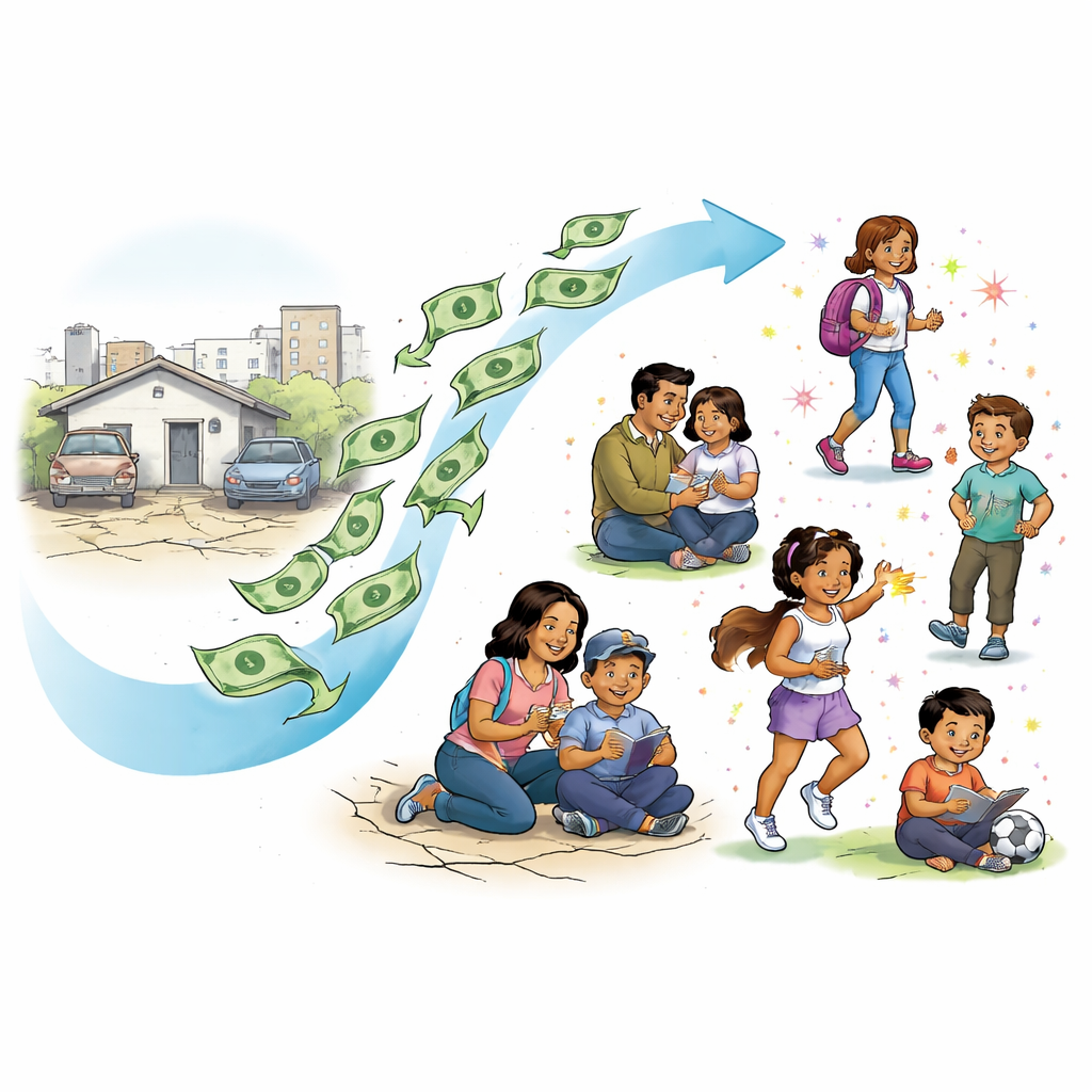 Figure 1. Hoe het geven van extra geld aan gezinnen in arme landen de ontwikkeling en het leren van jonge kinderen bescheiden kan verbeteren.