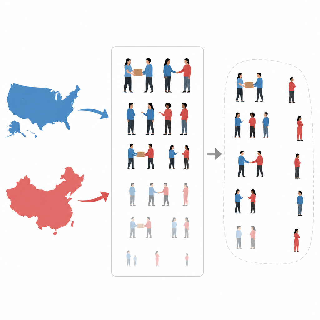 Figure 1. Mieszkańcy USA i Chin sądzą, że współpraca maleje, choć rzeczywiste zachowania kooperacyjne rosną.