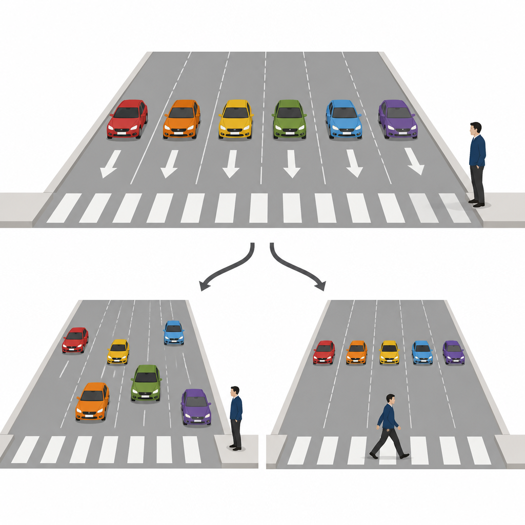 Figure 1. Wie gemischte Fahrzeuggeschwindigkeiten in einer stark befahrenen Straße unsere Bereitschaft und unser Vertrauen zu überqueren verändern, selbst wenn es objektiv noch sicher ist.