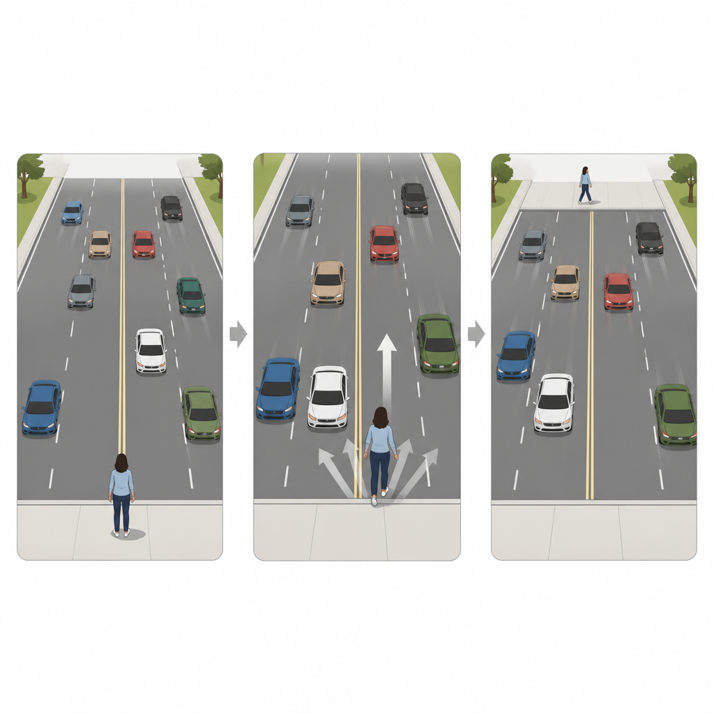 Figure 2. Wie Menschen zögern, vom Bordstein zu treten, aber schneller gehen, um sicher zu bleiben, wenn die Fahrzeuggeschwindigkeiten im Verkehr stärker variieren.