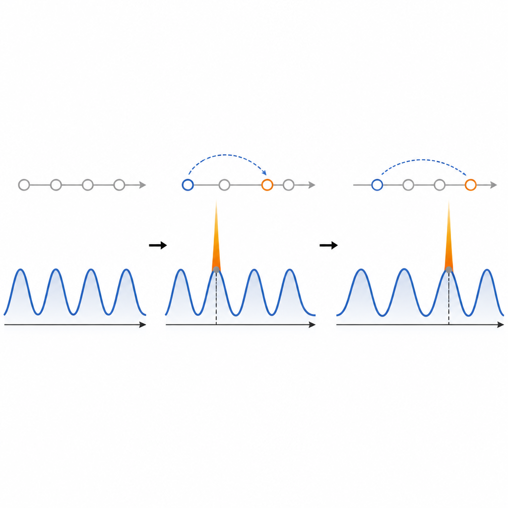 Figure 2. Il timing di ciascun picco di sensibilità si sposta in funzione dei ritardi precedenti, agganciandosi alle creste vicine di un’onda cerebrale in corso.