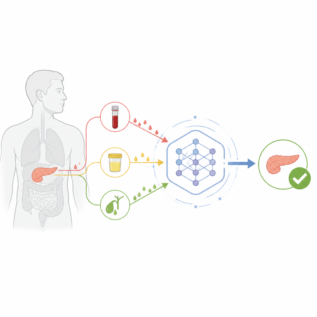 Figure 1. Body fluids feed an AI powered test that flags pancreatic cancer risk long before symptoms appear.