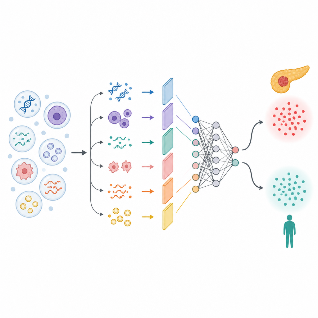 Figure 2. Liquid biopsy signals flow through machine learning steps to sort people into likely cancer or likely healthy groups.