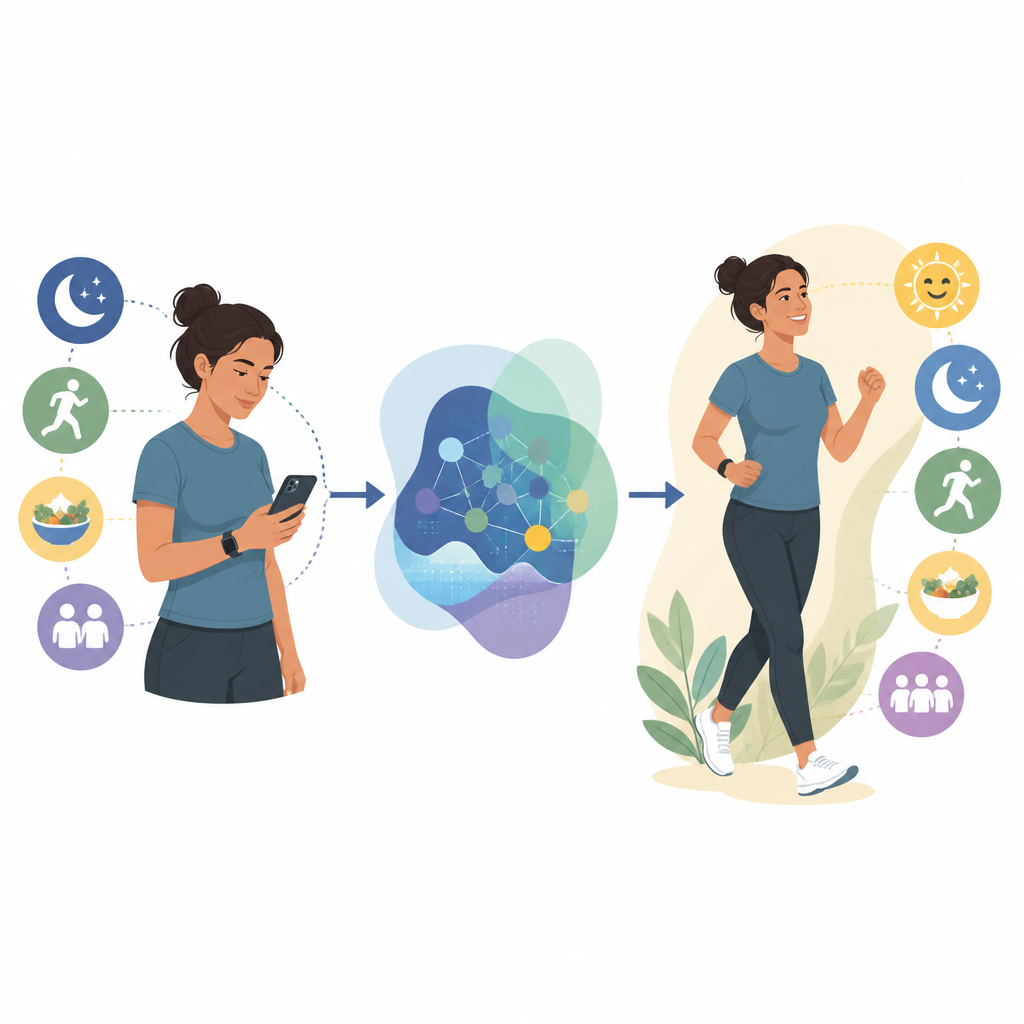 Figure 1. Günlük hayattan alınan kişisel veriler, depresyon belirtilerini hafifletmeye yardımcı olan kişiye özel bir yaşam tarzı planını yönlendirir.