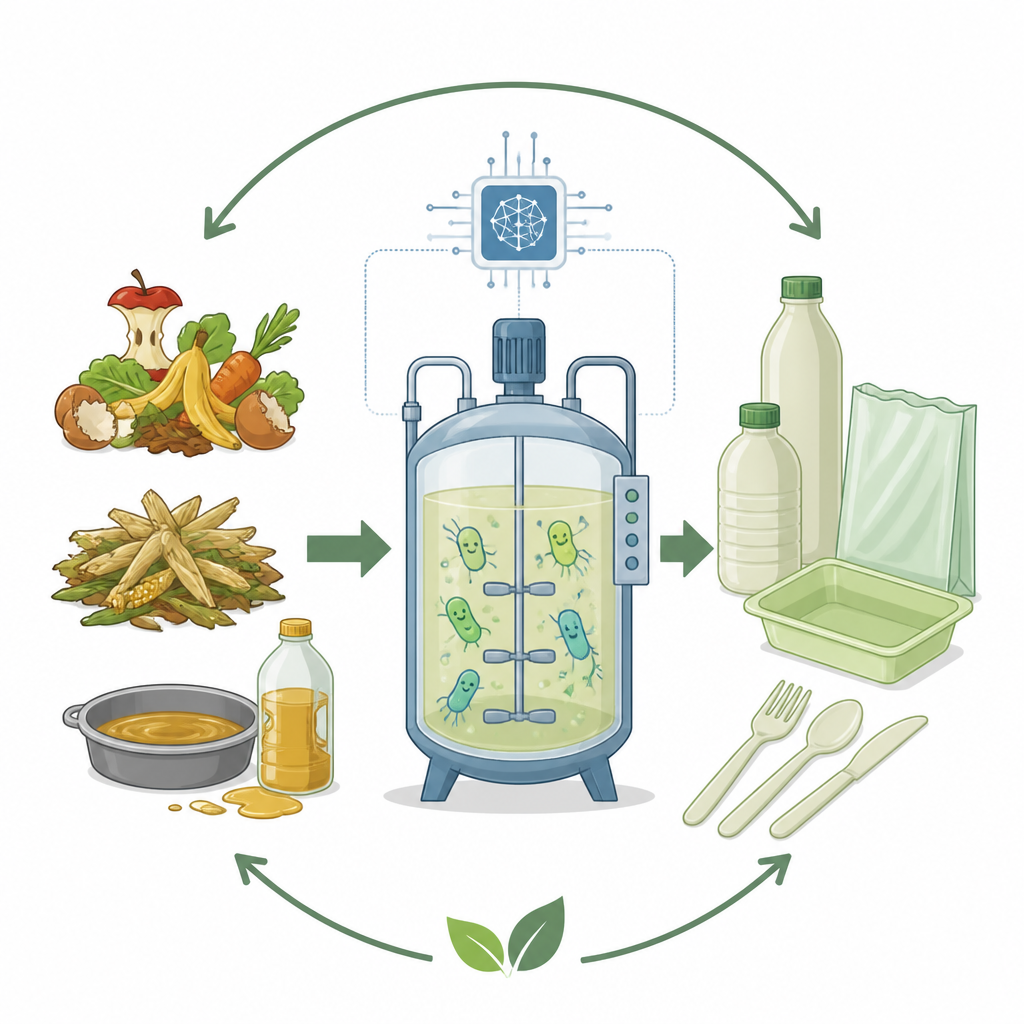 Figure 1. Organic wastes pass through smart bioreactors to become useful biodegradable plastic products in a circular system.