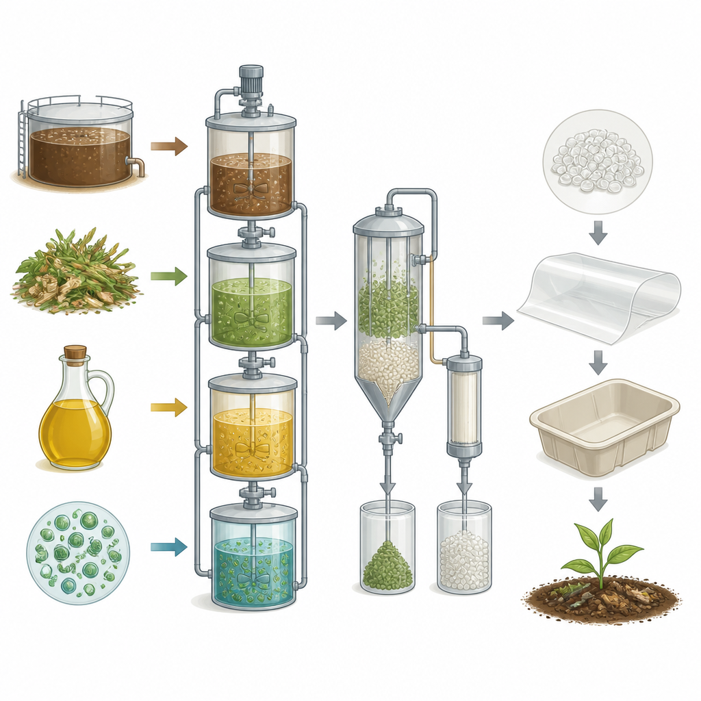 Figure 2. Different waste streams flow through multi-step tanks to purified PHA pellets that form products and then gently break down.