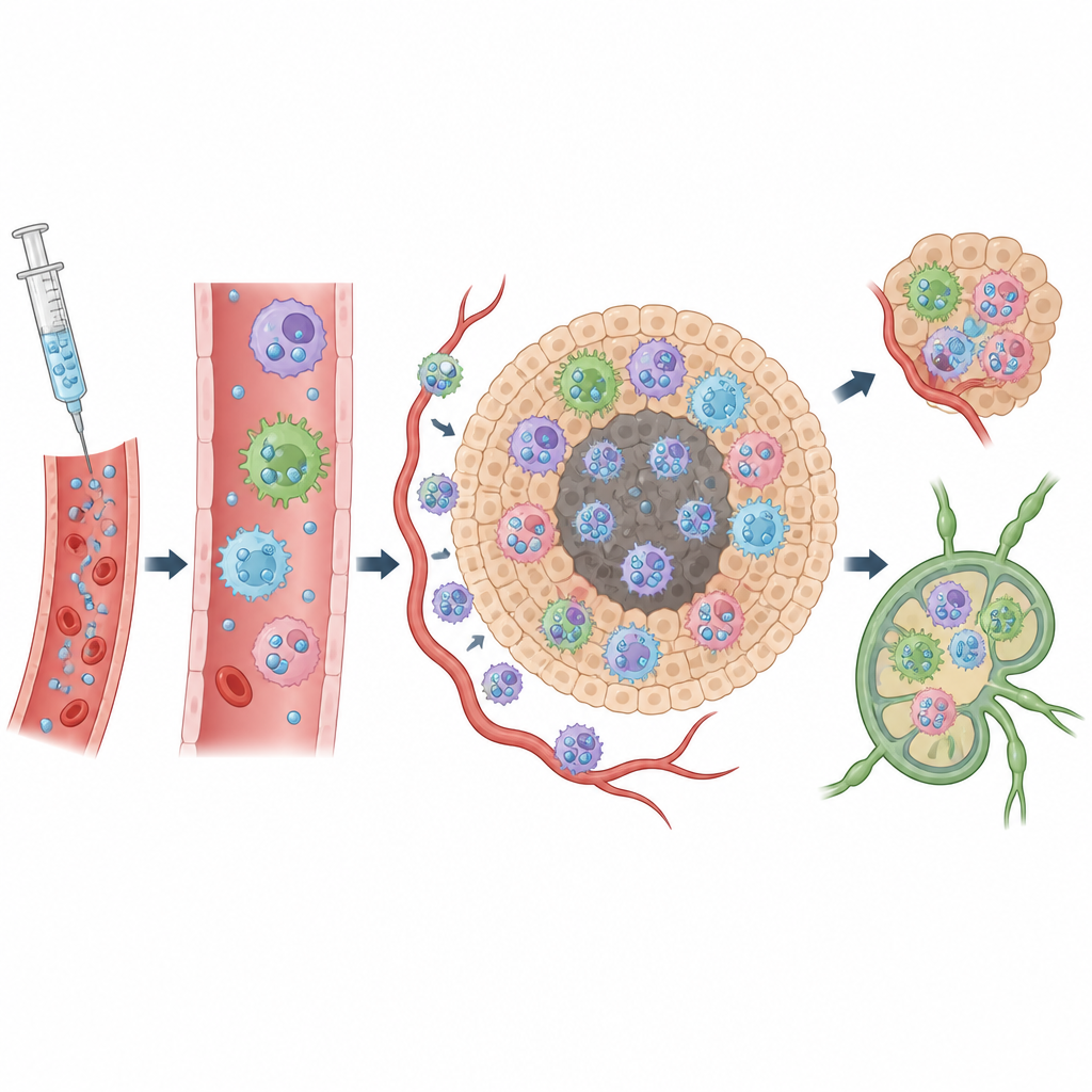 Figure 2. Wie injizierte Tracer in Immunzellen gelangen und ihre Wege in Tumoren und Lymphorgane auf der MRT sichtbar machen.