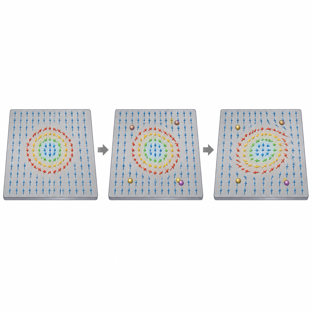 Figure 1. Hoe enkele verontreinigingsatomen een klein magnetisch werveltje hervormen om zijn sterkte als databit af te stemmen.