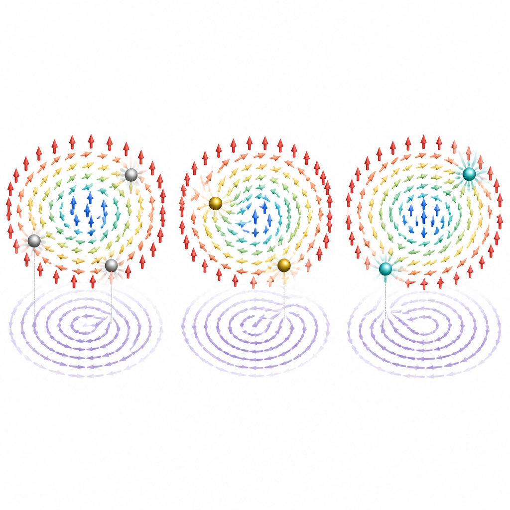 Figure 2. Hoe verschillende verontreinigingsatomen de interne werveling en orbitale beweging binnen één magnetisch skyrmion veranderen.