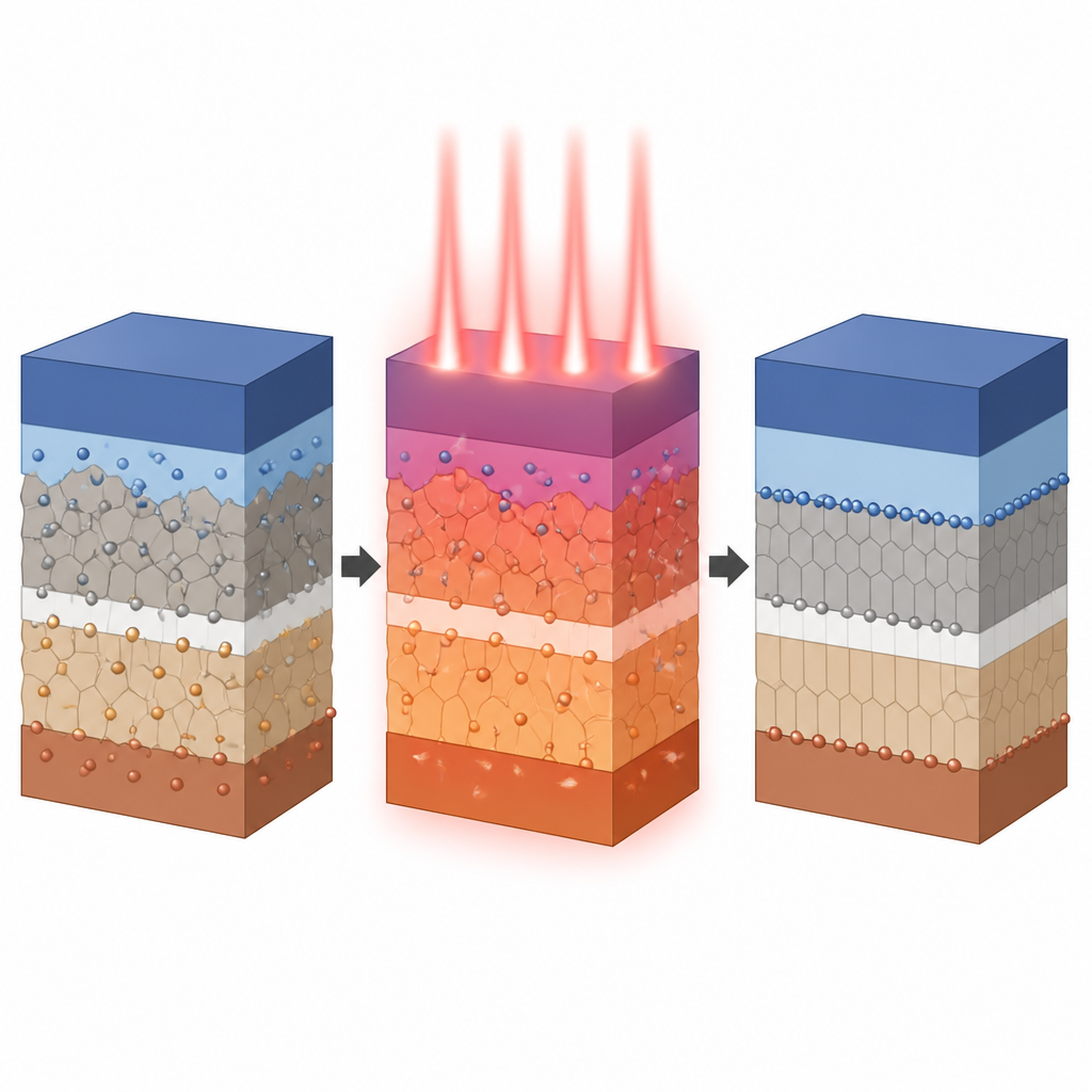 Figure 2. Korte lichtstoten herschikken atomen in gelaagde magnetische apparaten terwijl ongewenste vermenging tussen lagen beperkt blijft.