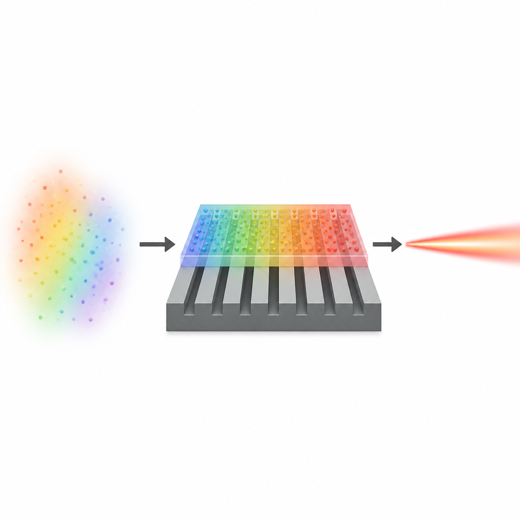 Figure 1. Patterned silicon chip turns diffuse nanocrystal glow into a stronger, more directional beam of light.