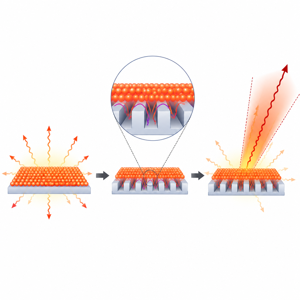 Figure 2. Silicon bar grating traps and guides nanocrystal light, then releases it as a brighter beam at selected angles.