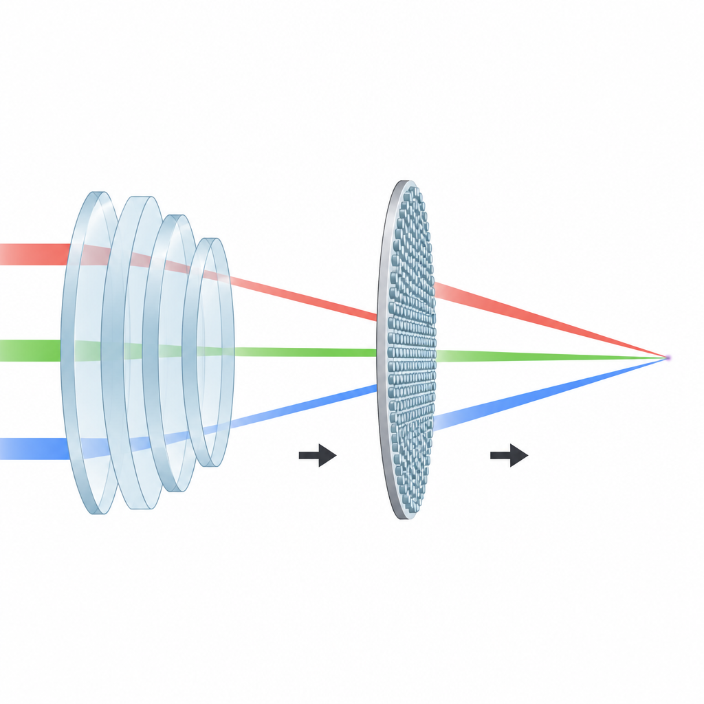 Figure 1. Flat patterned lens replaces bulky glass stack while focusing different colors to the same point for clear images.