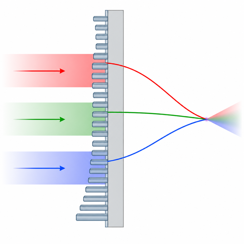 Figure 2. Nanostructure pillars bend red, green, and blue light differently so they emerge focused together at one shared spot.