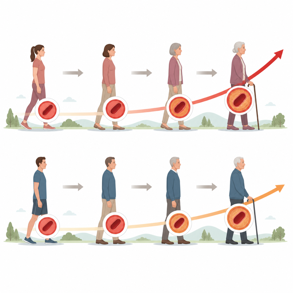 Figure 1. Wie Frauen und Männer beim Übergang von der Jugend ins höhere Alter unterschiedliche Blutdruckverläufe durchlaufen.